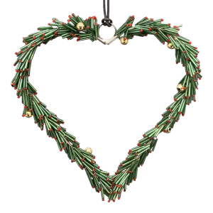 colgante navideño con forma de corazón con textura de pino y toques rojos.